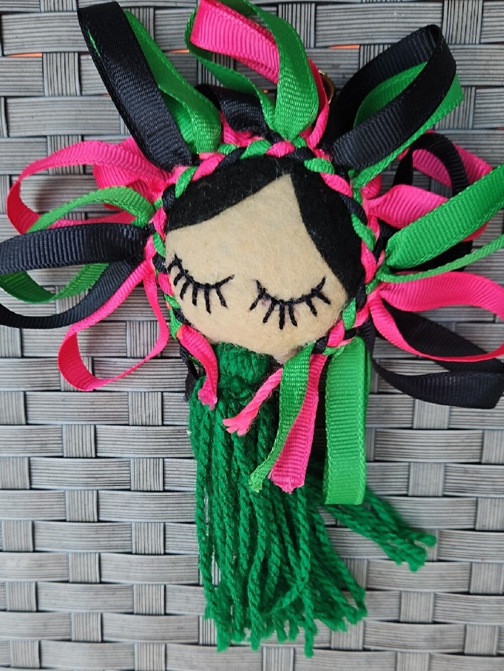 New Handmade Green Tassel Doll Bag Charm Key Chain Pink & Black Ribbon Accents